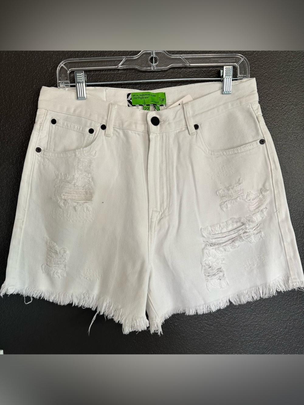 Sandrine Rose Distressed White Denim Shorts Size 27 High Rise Raw Hem Summer